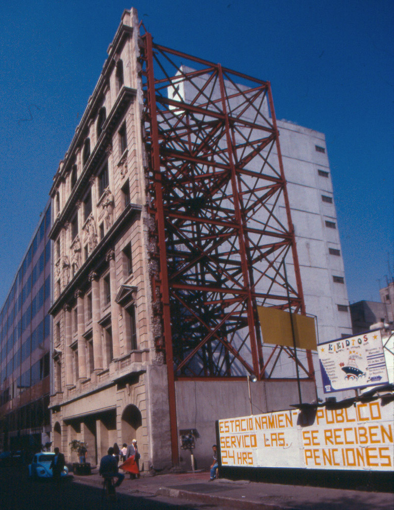 The face of a building being restored